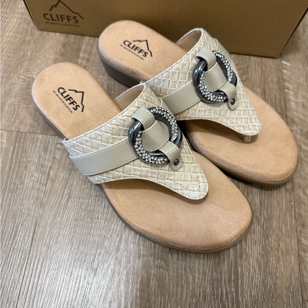 Cliffs by WHITE MOUNTAIN Beige Rhinestone Buckle Thong Sandals